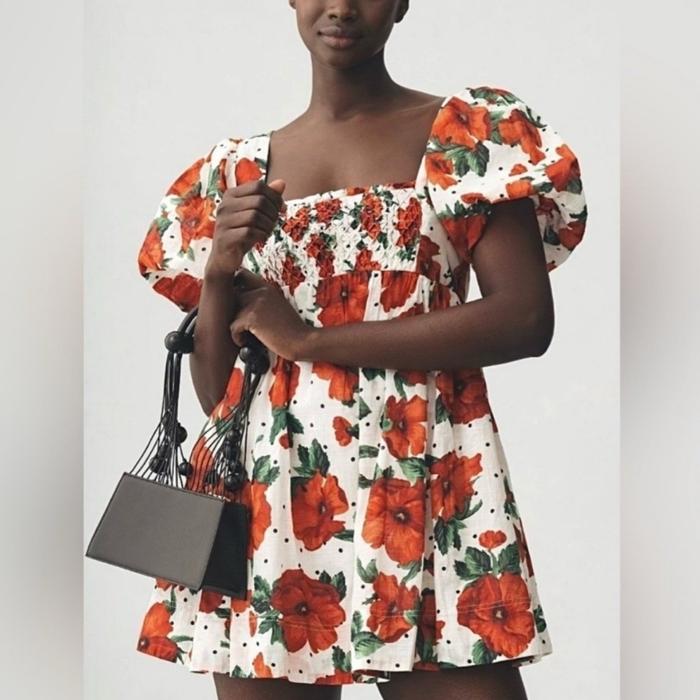 Anthropologie Maeve Red floral print babydoll Small mini dress